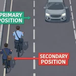 The image shows the two available positions to a cyclist when riding on a road in the uk. The primary and secondary road positions.