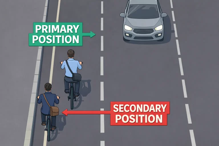 The image shows the two available positions to a cyclist when riding on a road in the uk. The primary and secondary road positions.
