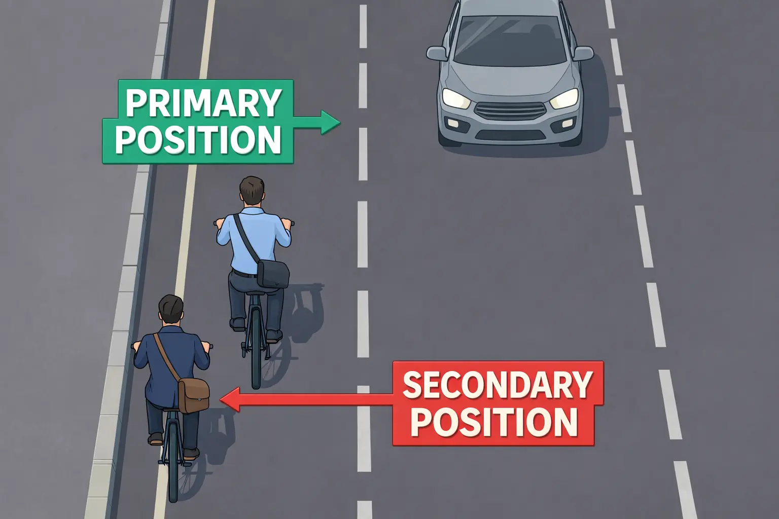The image shows the two available positions to a cyclist when riding on a road in the uk. The primary and secondary road positions.