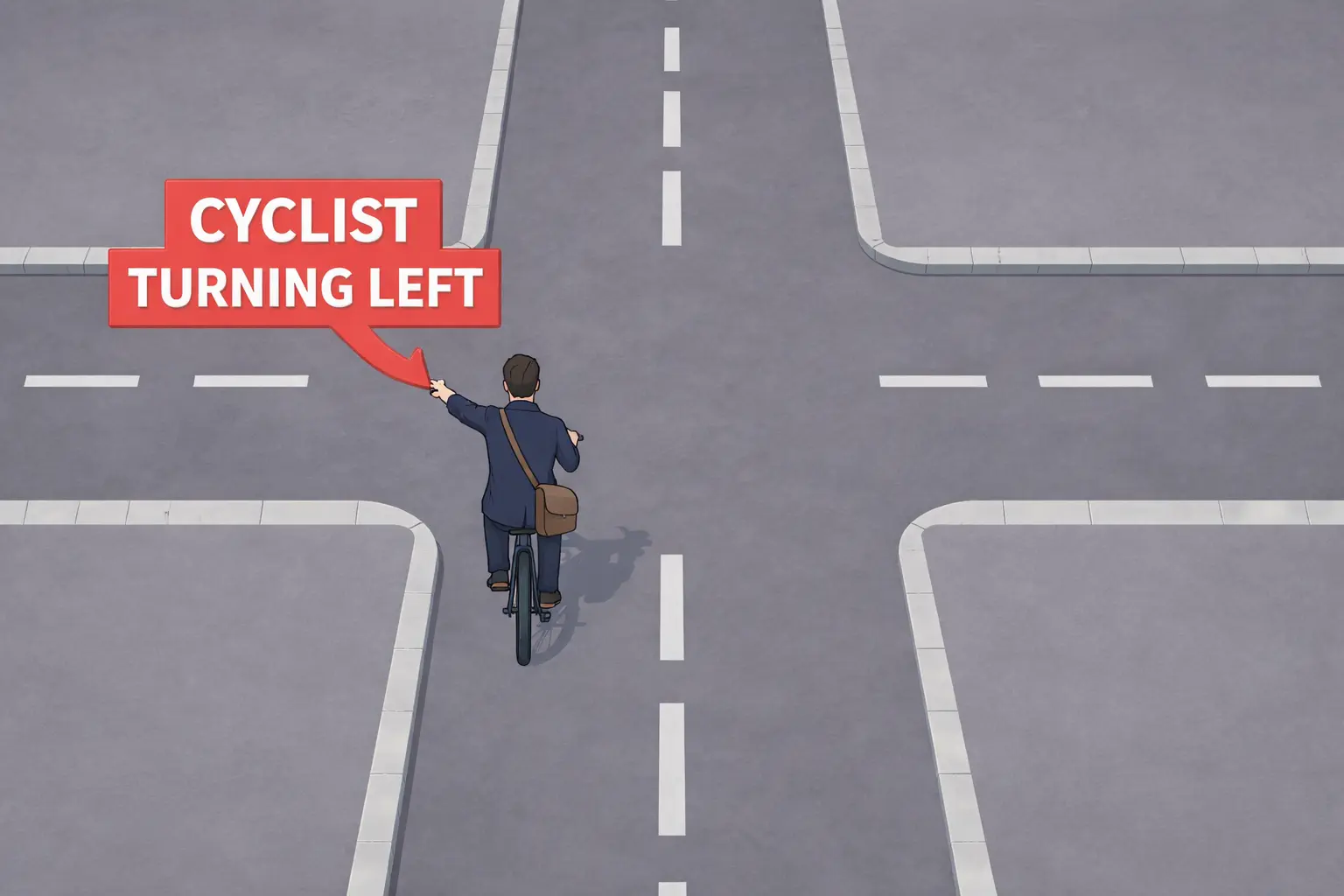 Image shows a man in work clothes signalling and turning left at a four way junction