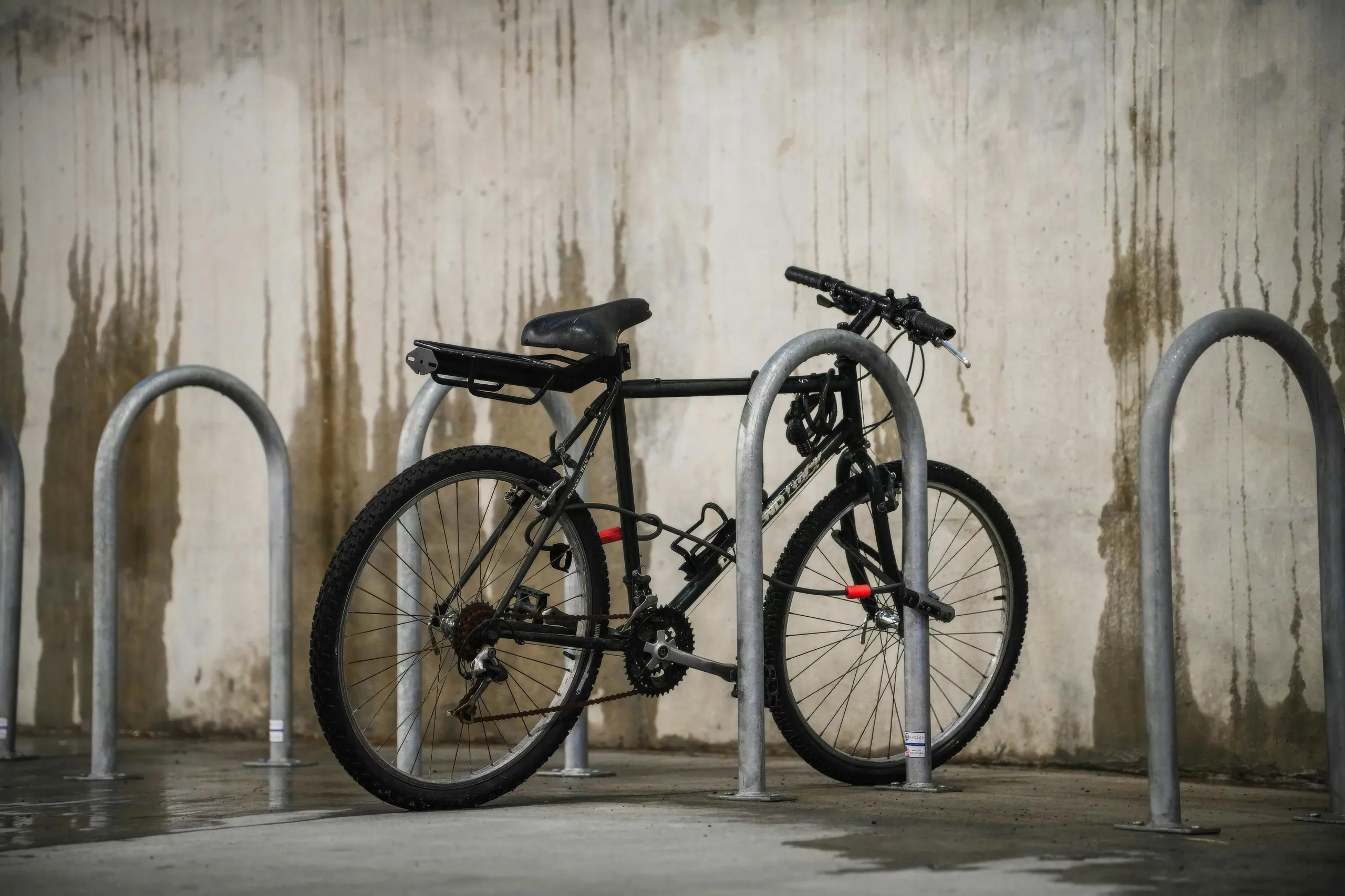 A black mountain bike, locked to an outdoor bike frame on a rainy day.