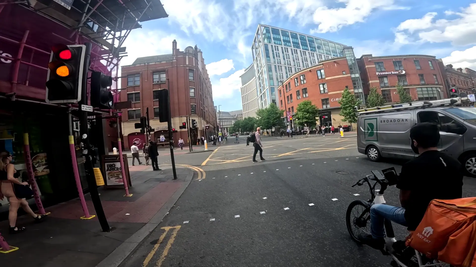 A pedestrian crossing on an amber light