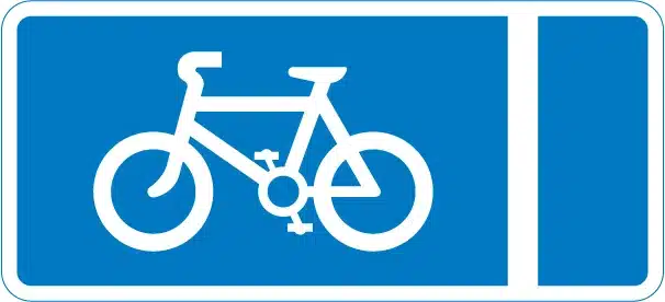Blue sign for route recommended for pedal cycles on the main carriageway marked with solid weight line