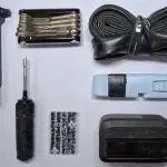 Bicycle repair tools and accessories for a cyclist commuter.